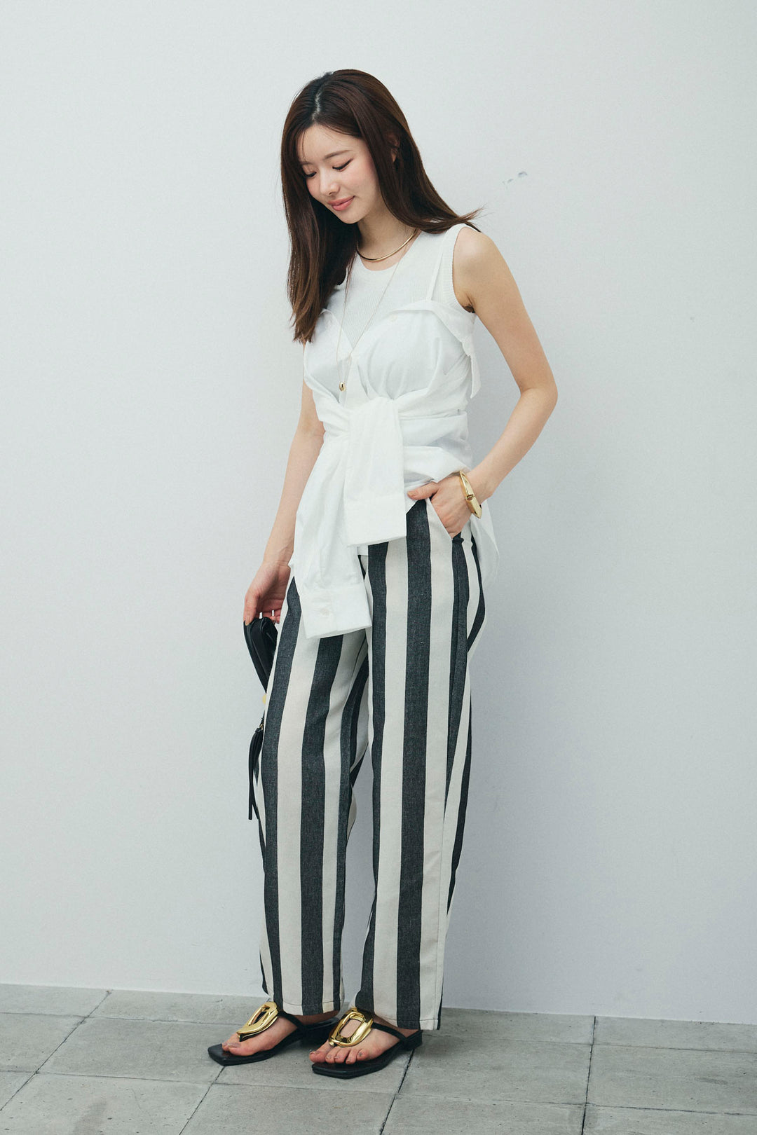 [予約/SET]2WAYキャミソールビスチェシャツ+カットアウトリブタンク+ストライプパンツ(3set)