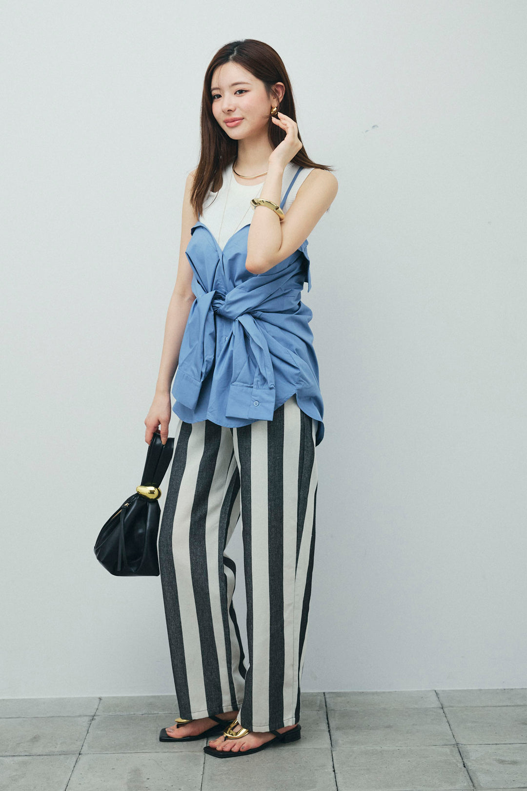 [予約/SET]2WAYキャミソールビスチェシャツ+カットアウトリブタンク+ストライプパンツ(3set)