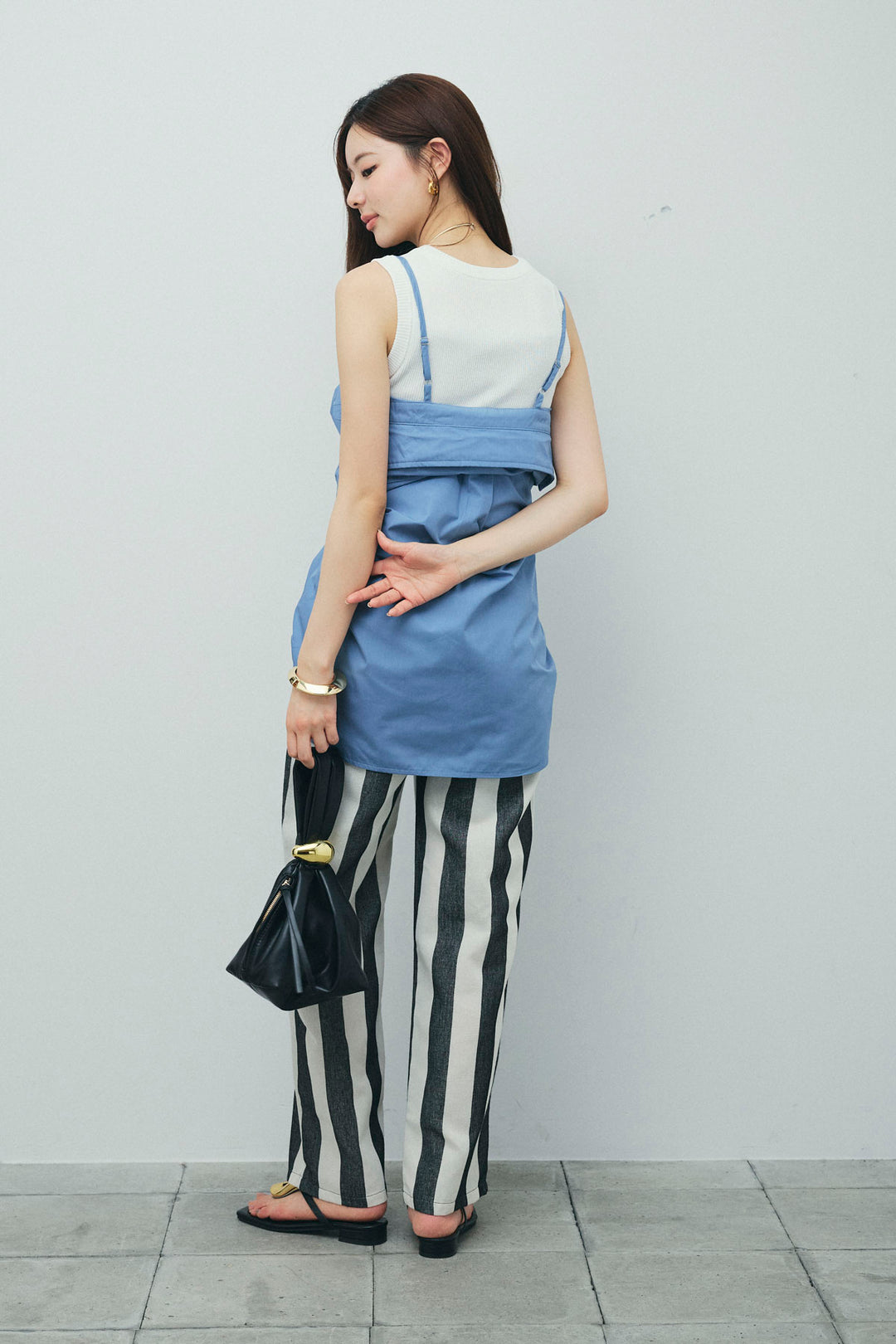 [予約/SET]2WAYキャミソールビスチェシャツ+カットアウトリブタンク+ストライプパンツ(3set)