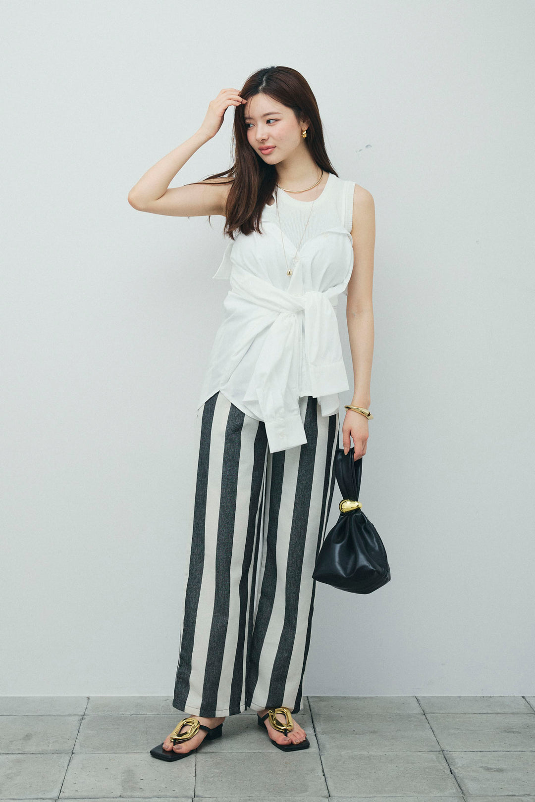 [予約/SET]2WAYキャミソールビスチェシャツ+カットアウトリブタンク+ストライプパンツ(3set)