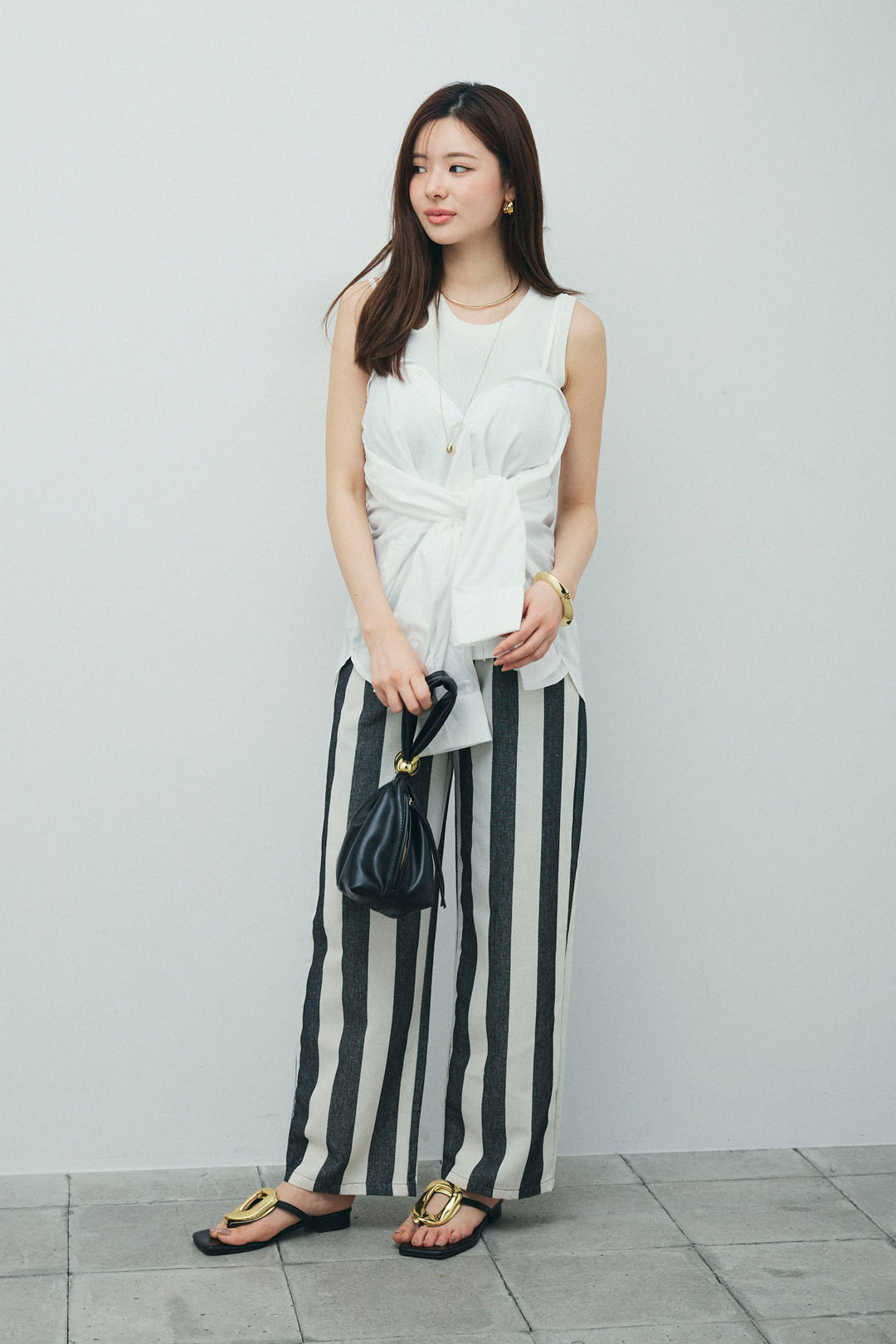 [予約/SET]2WAYキャミソールビスチェシャツ+カットアウトリブタンク+ストライプパンツ(3set)