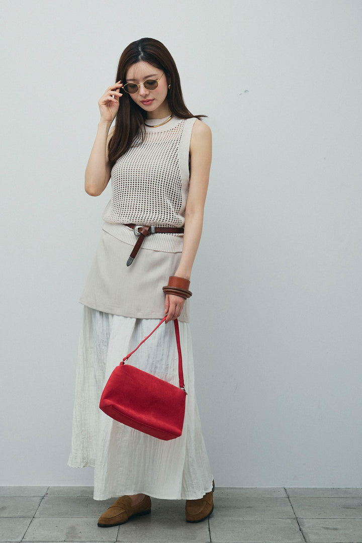 [予約/SET]フィッシュネットノースリーブニット+カップ付きストラップキャミ+レイヤードスカート(3set)