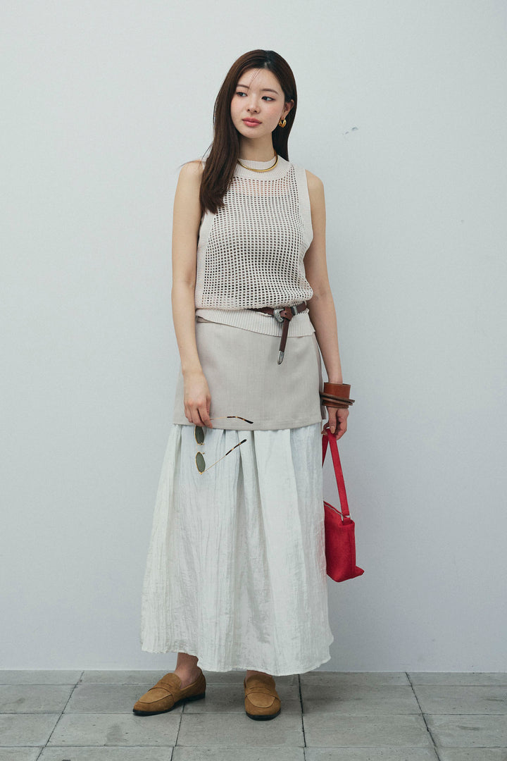 [予約/SET]フィッシュネットノースリーブニット+カップ付きストラップキャミ+レイヤードスカート(3set)