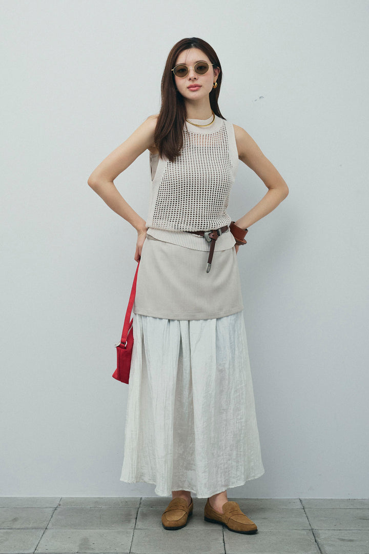 [予約/SET]フィッシュネットノースリーブニット+カップ付きストラップキャミ+レイヤードスカート(3set)