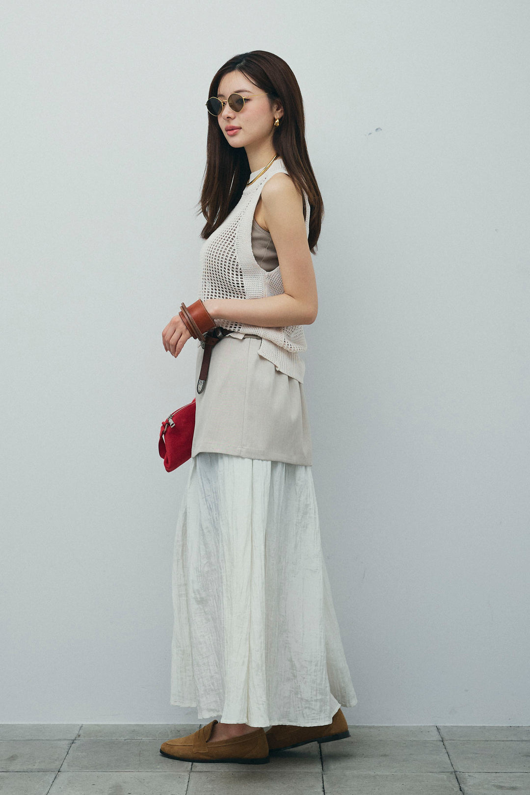 [予約/SET]フィッシュネットノースリーブニット+カップ付きストラップキャミ+レイヤードスカート(3set)