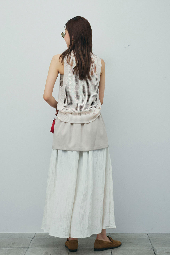 [予約/SET]フィッシュネットノースリーブニット+カップ付きストラップキャミ+レイヤードスカート(3set)