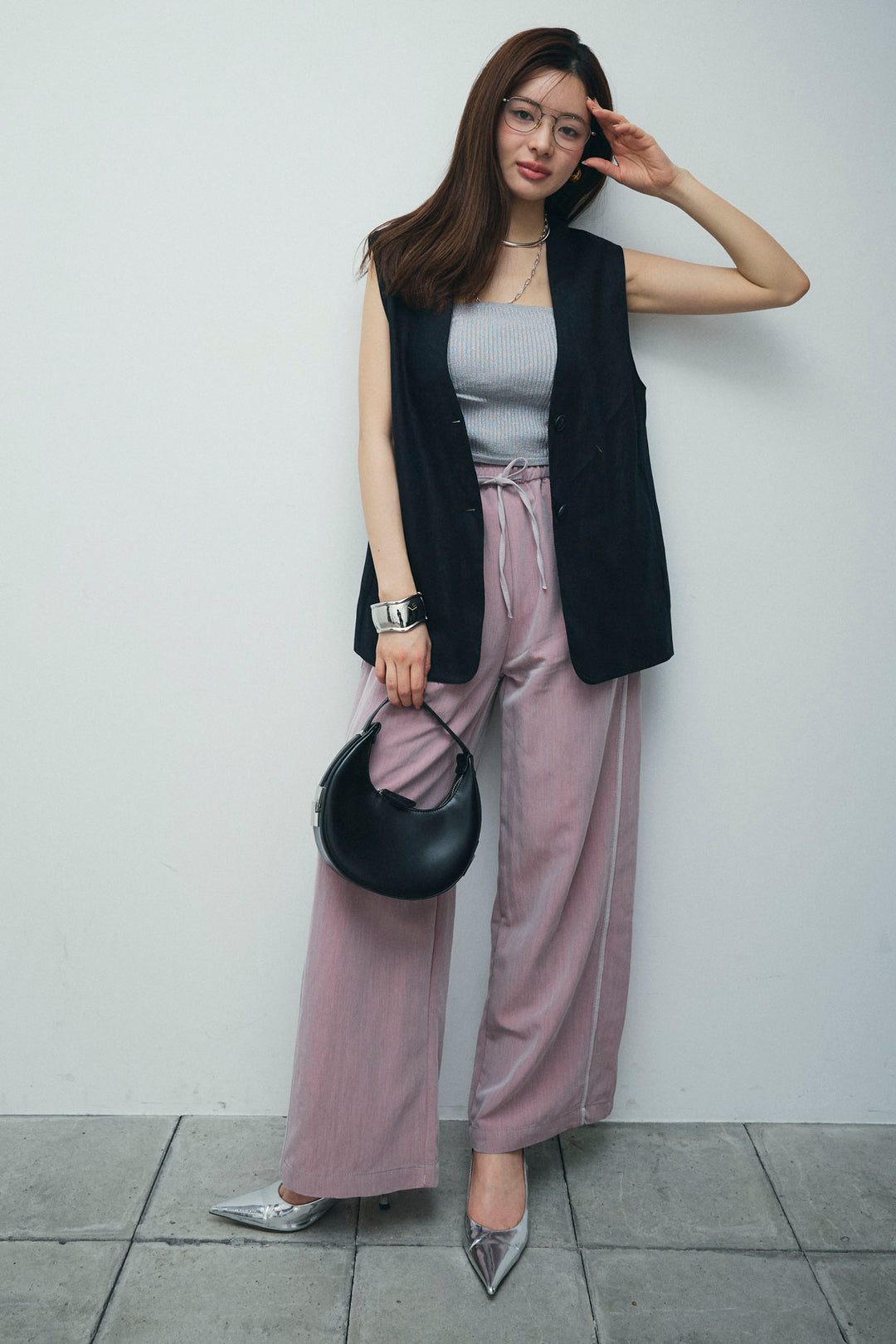 [予約/SET]ノーカラージレ+ドロストラメニットキャミ+サイドラインリラックスパンツ(3set)