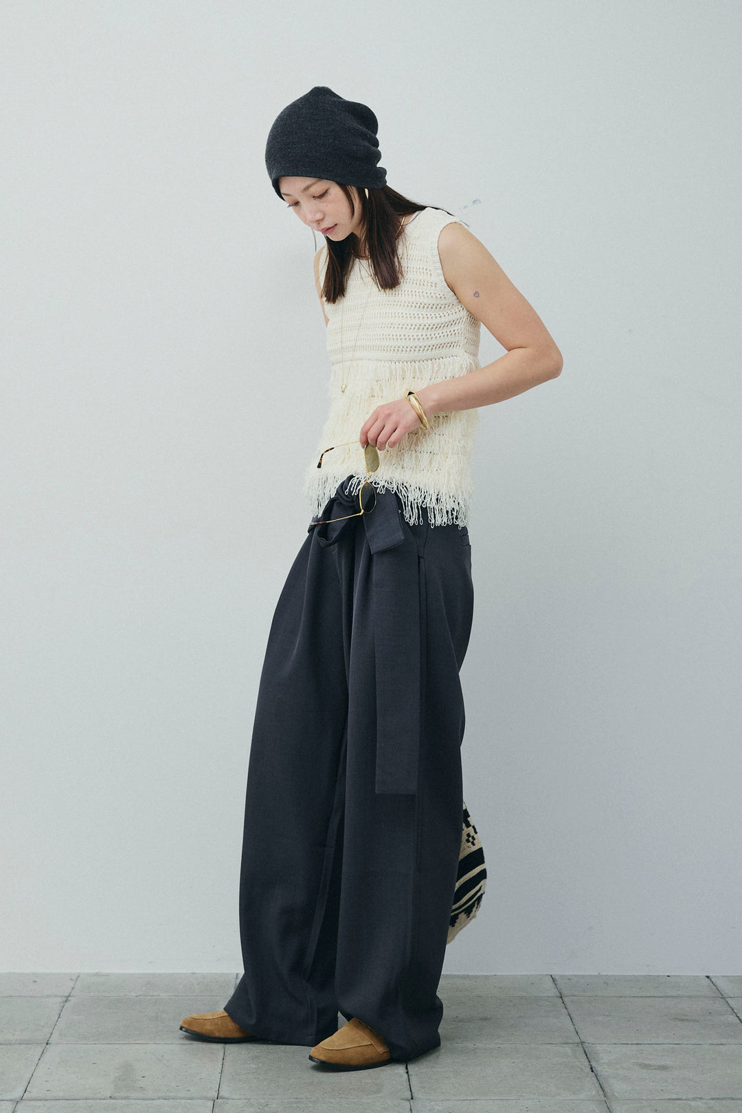[予約/SET]フリンジニットタンク+フロントクロスデザインワイドパンツ(2set)