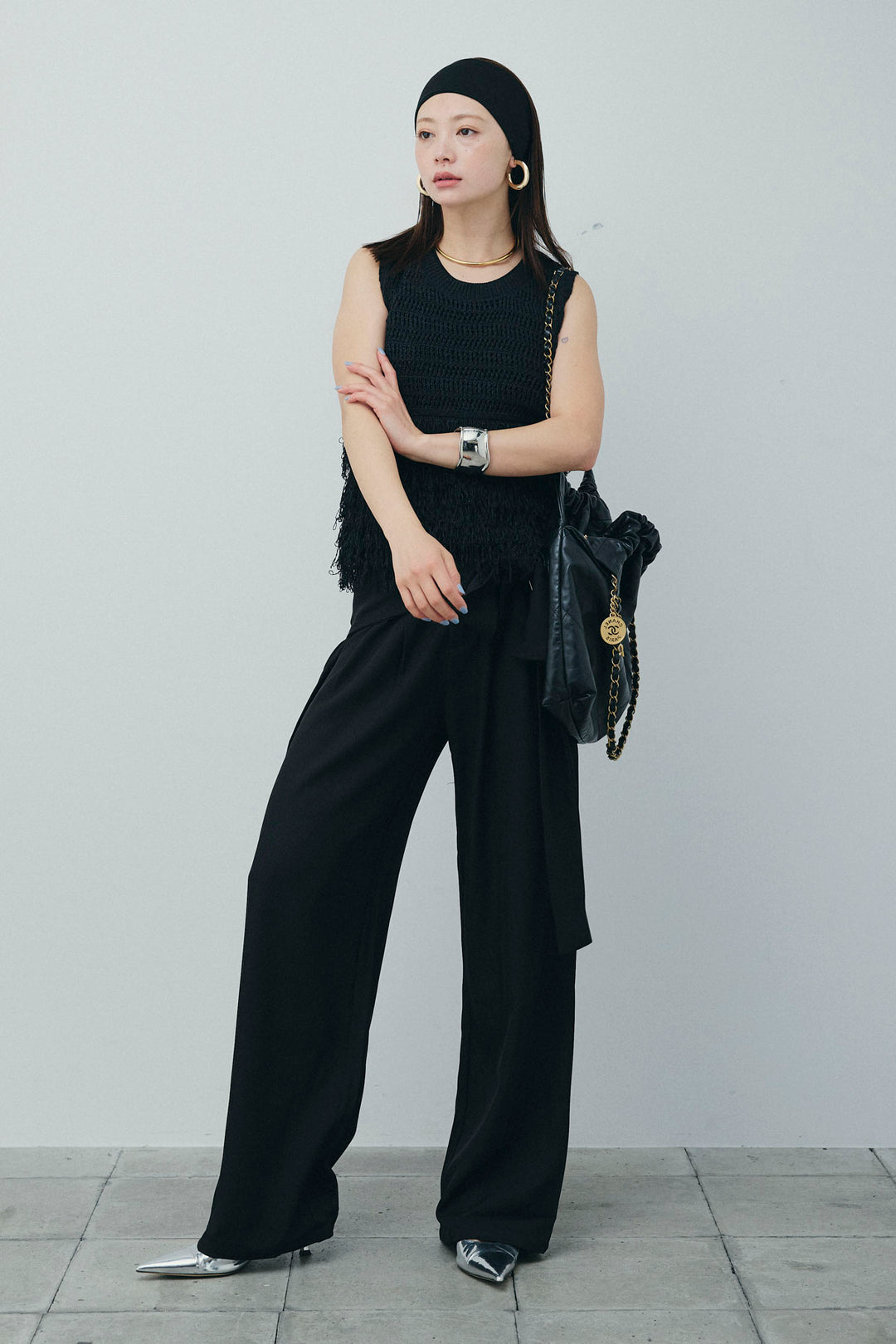 [予約/SET]フリンジニットタンク+フロントクロスデザインワイドパンツ(2set)