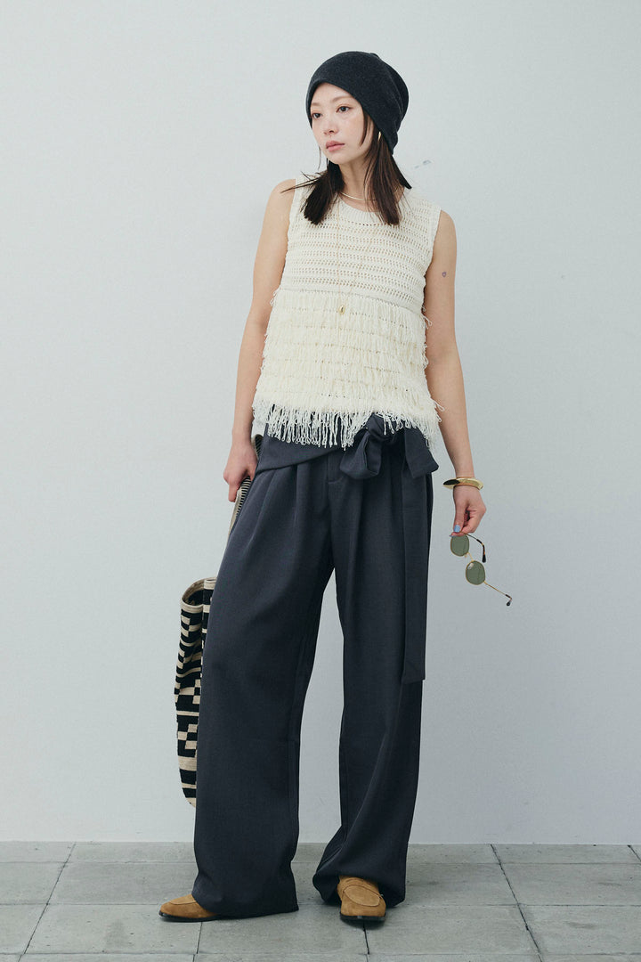 [予約/SET]フリンジニットタンク+フロントクロスデザインワイドパンツ(2set)
