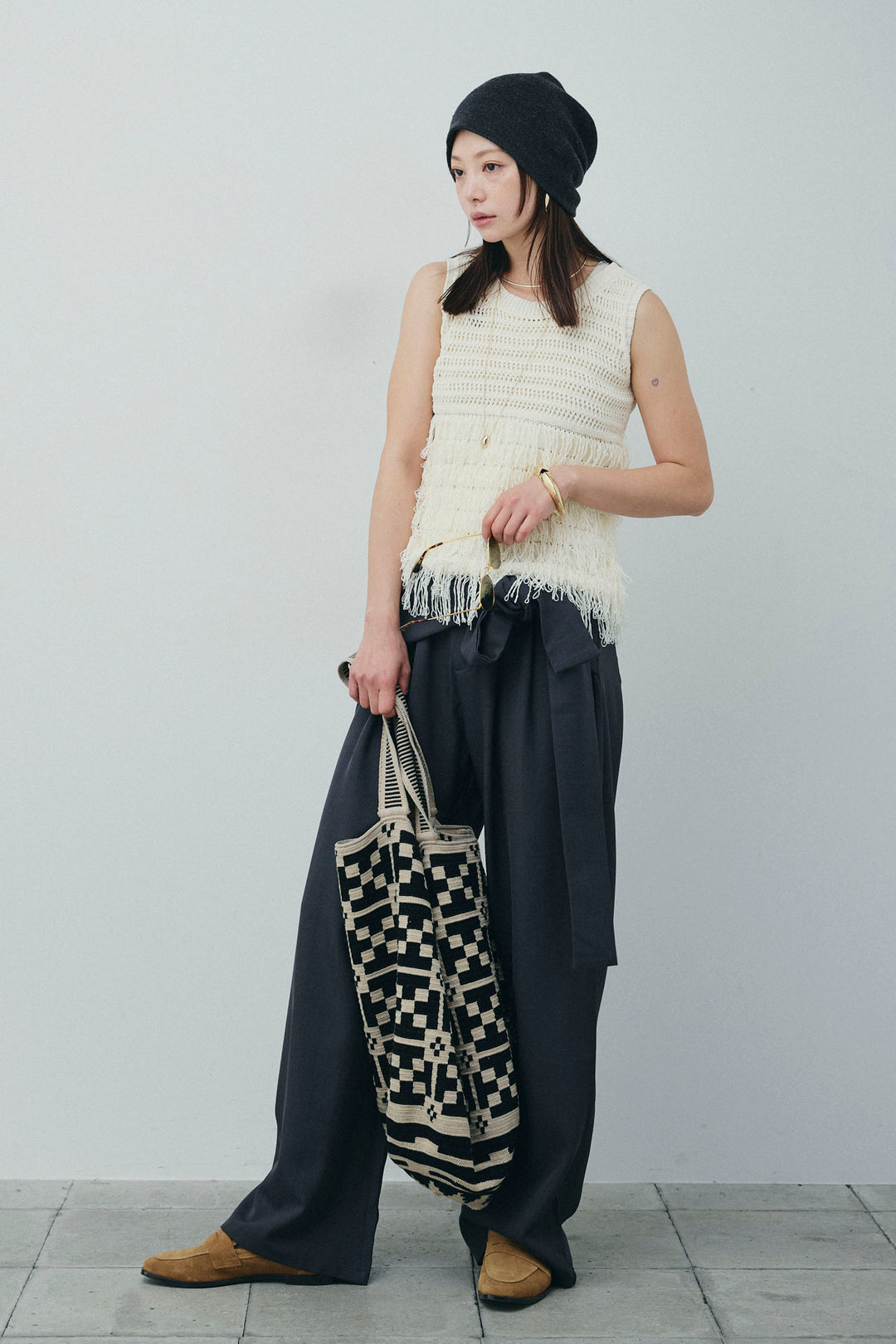 [予約/SET]フリンジニットタンク+フロントクロスデザインワイドパンツ(2set)