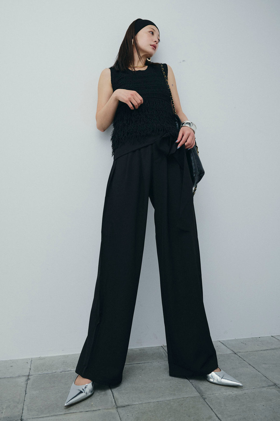 [予約/SET]フリンジニットタンク+フロントクロスデザインワイドパンツ(2set)