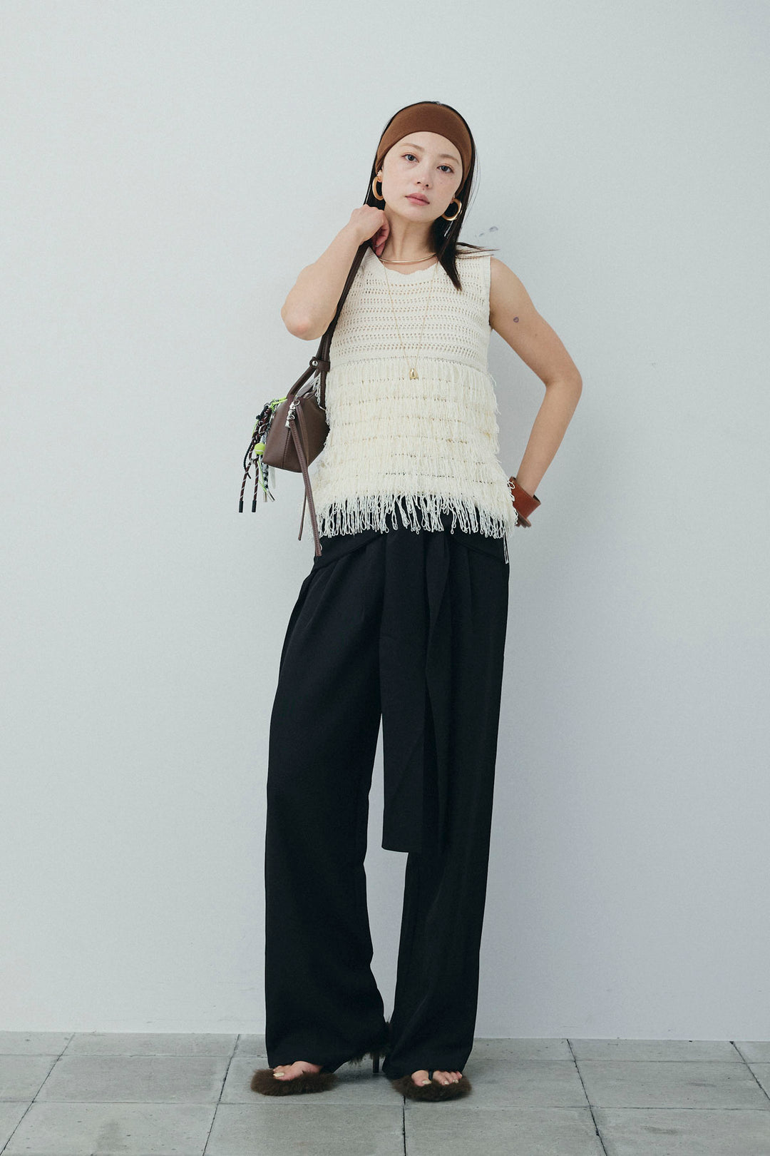 [予約/SET]フリンジニットタンク+フロントクロスデザインワイドパンツ(2set)