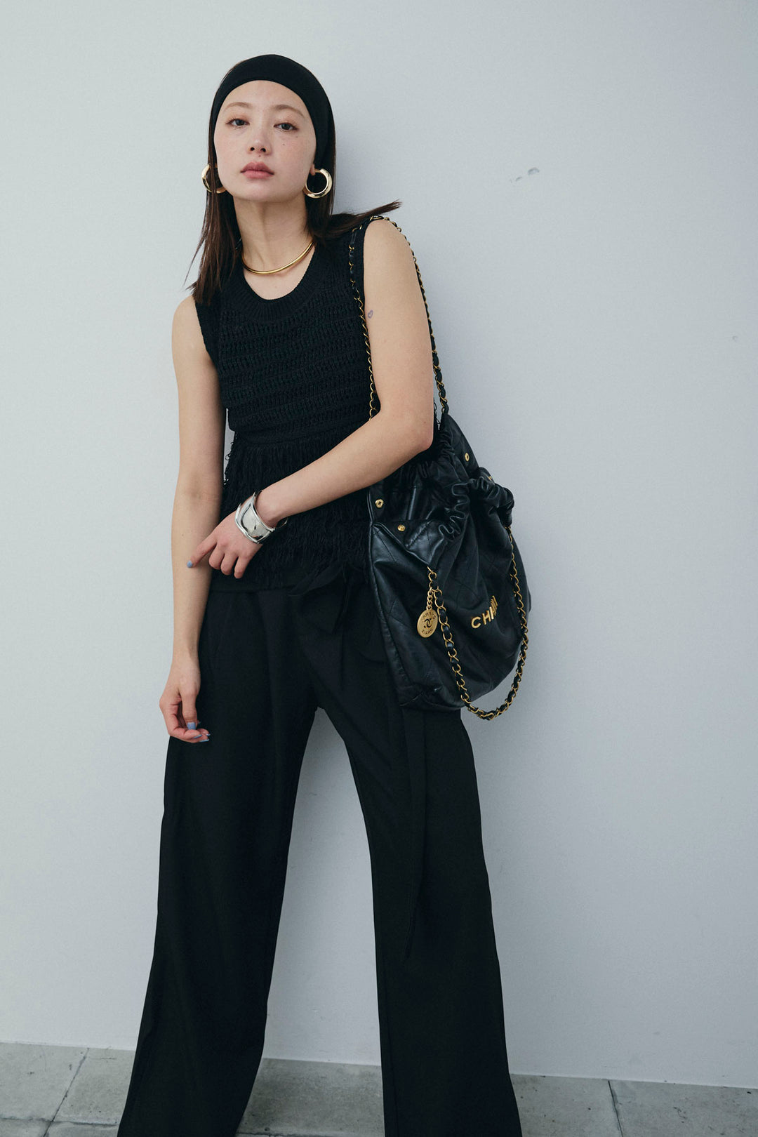 [予約/SET]フリンジニットタンク+フロントクロスデザインワイドパンツ(2set)