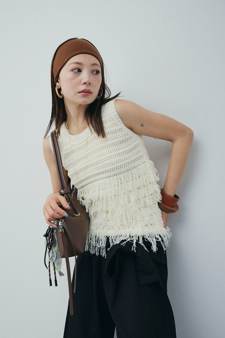 [予約/SET]フリンジニットタンク+フロントクロスデザインワイドパンツ(2set)