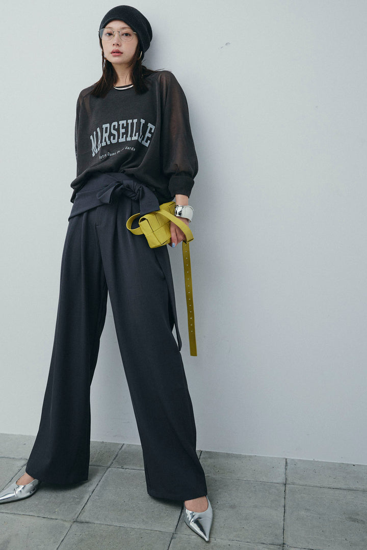 [予約/SET]ロゴプリントシアーニット+フロントクロスデザインワイドパンツ(2set)