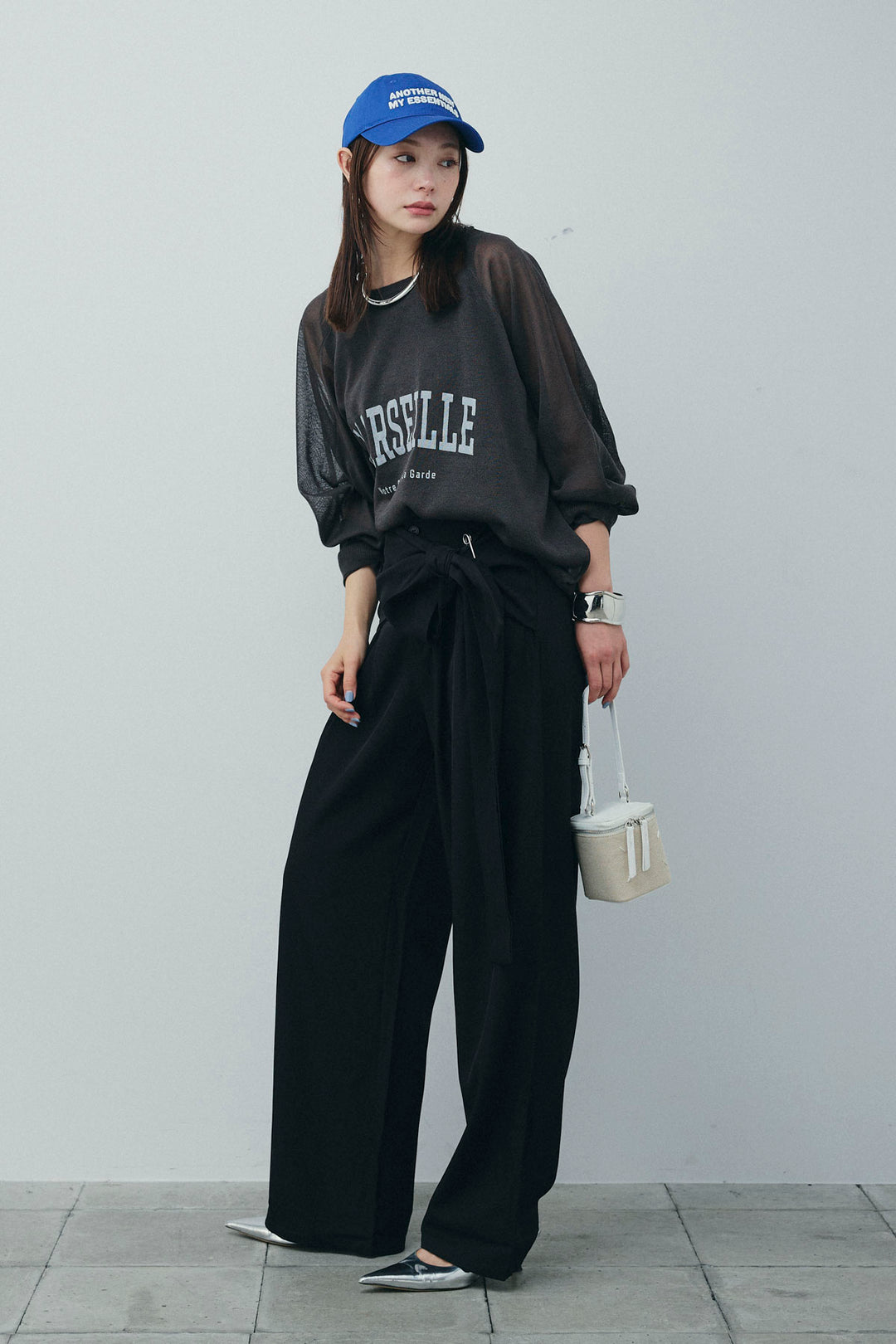 [予約/SET]ロゴプリントシアーニット+フロントクロスデザインワイドパンツ(2set)