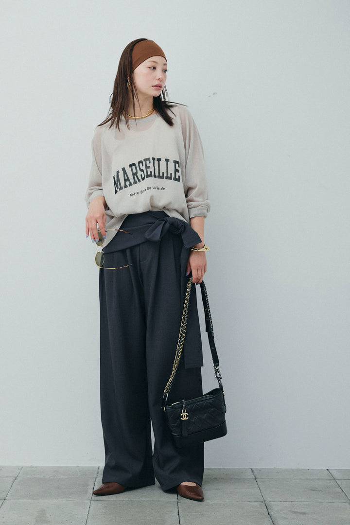 [予約/SET]ロゴプリントシアーニット+フロントクロスデザインワイドパンツ(2set)