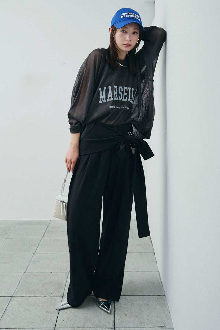 [予約/SET]ロゴプリントシアーニット+フロントクロスデザインワイドパンツ(2set)