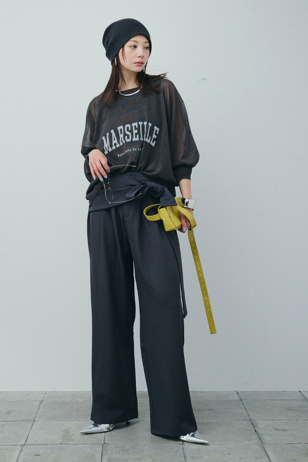 [予約/SET]ロゴプリントシアーニット+フロントクロスデザインワイドパンツ(2set)