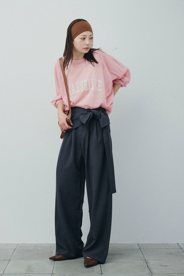 [予約/SET]ロゴプリントシアーニット+フロントクロスデザインワイドパンツ(2set)