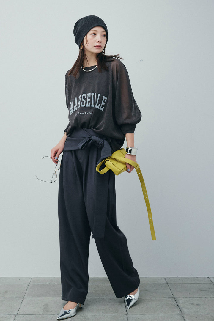 [予約/SET]ロゴプリントシアーニット+フロントクロスデザインワイドパンツ(2set)