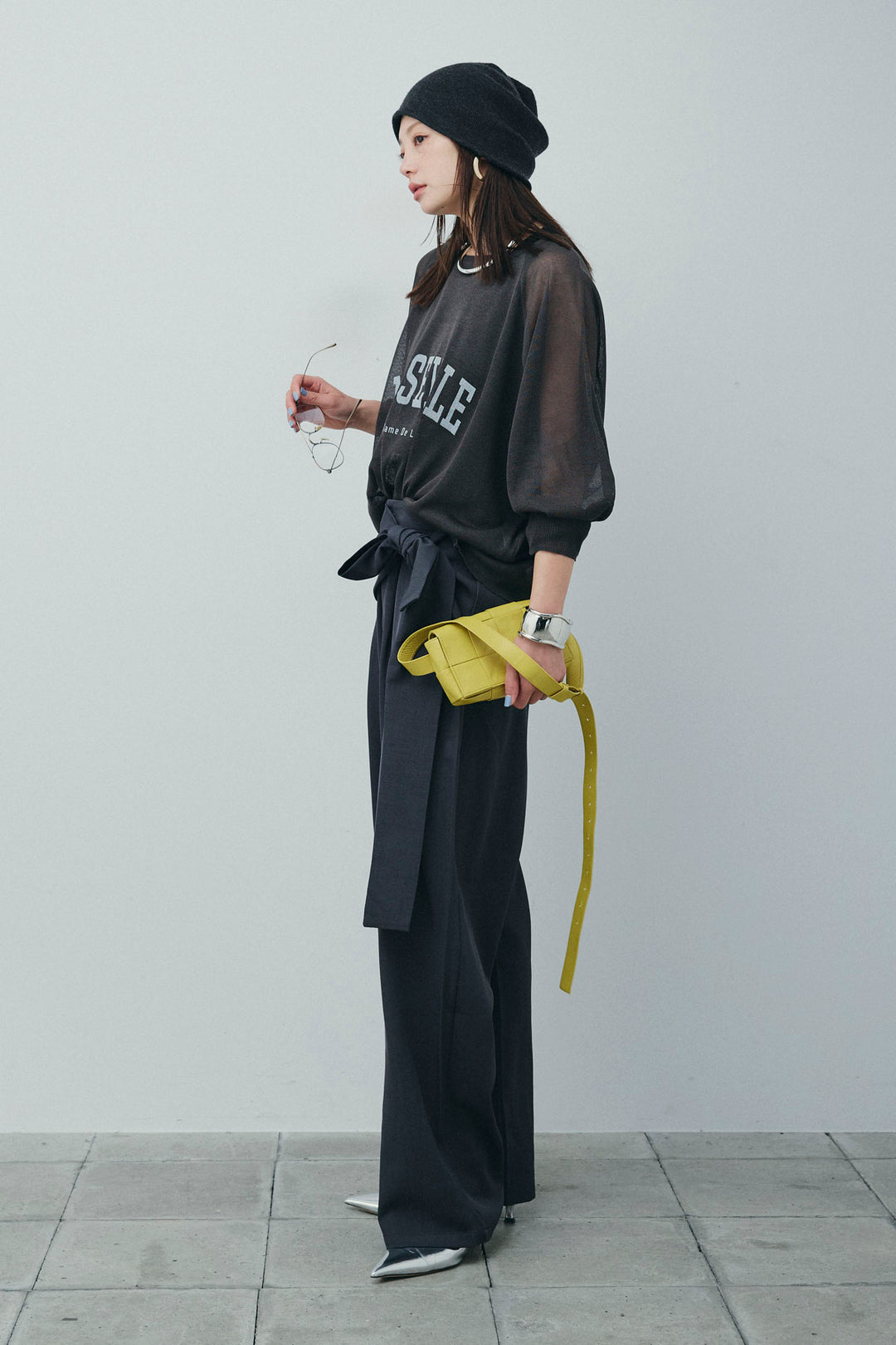 [予約/SET]ロゴプリントシアーニット+フロントクロスデザインワイドパンツ(2set)