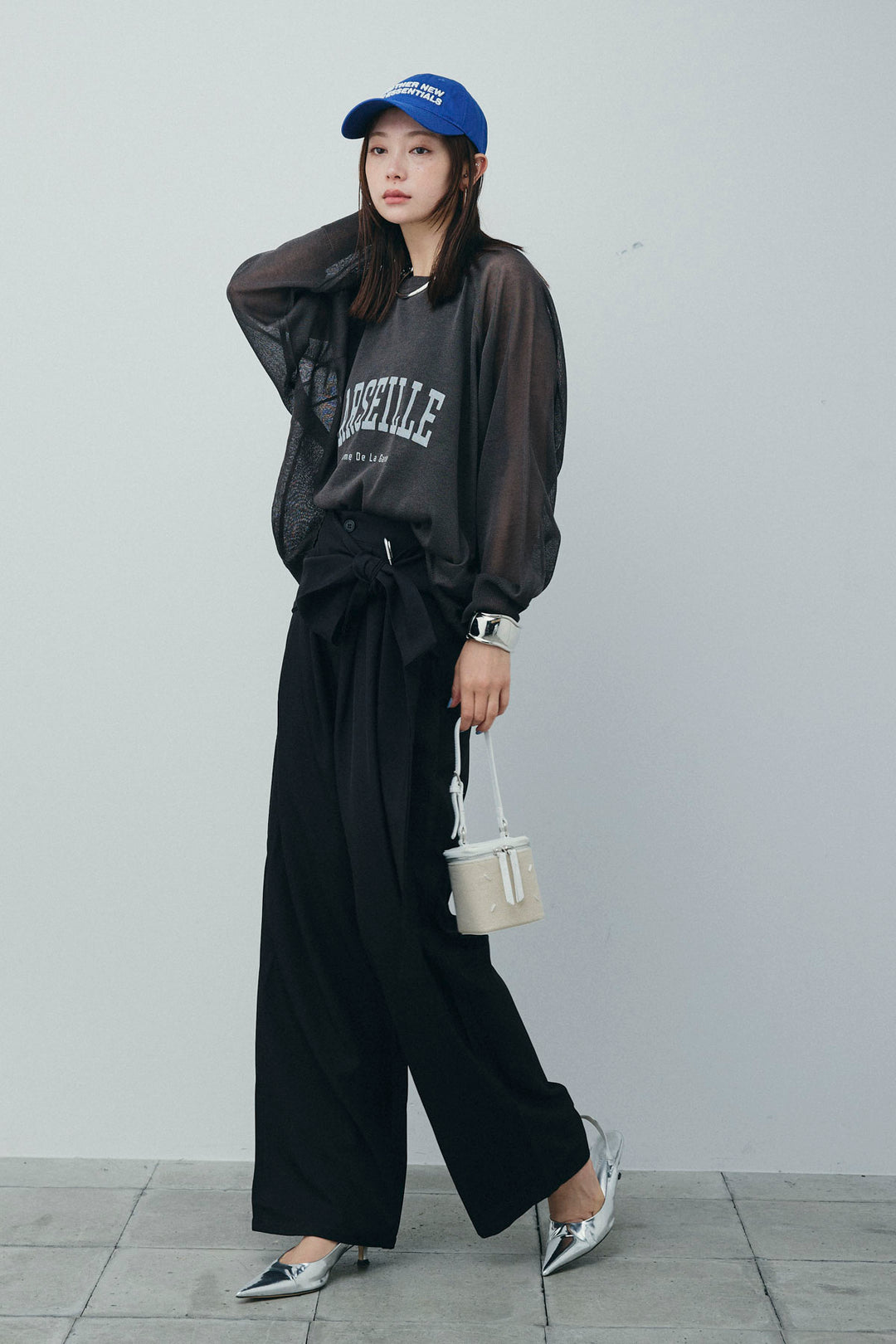 [予約/SET]ロゴプリントシアーニット+フロントクロスデザインワイドパンツ(2set)