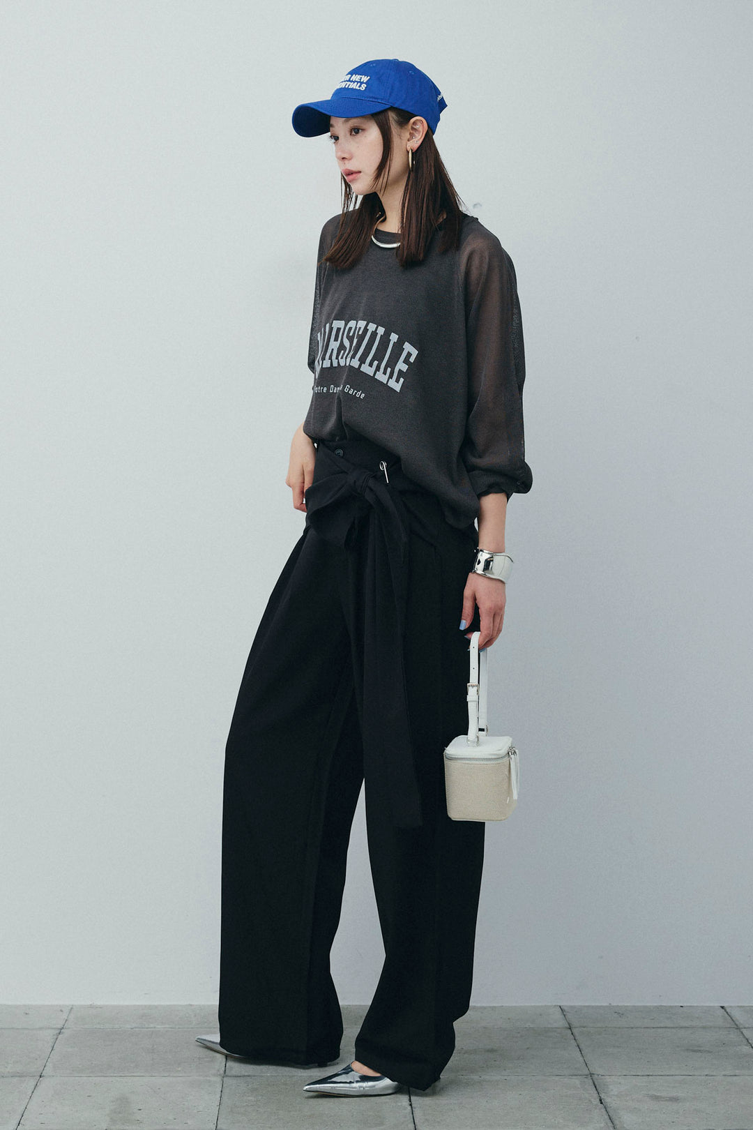 [予約/SET]ロゴプリントシアーニット+フロントクロスデザインワイドパンツ(2set)