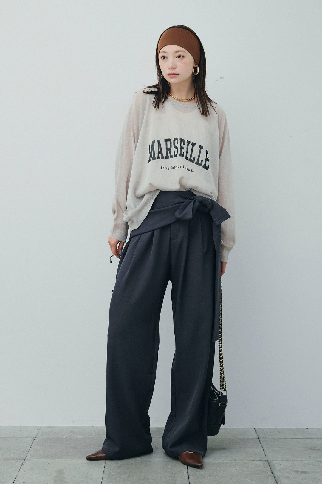 [予約/SET]ロゴプリントシアーニット+フロントクロスデザインワイドパンツ(2set)