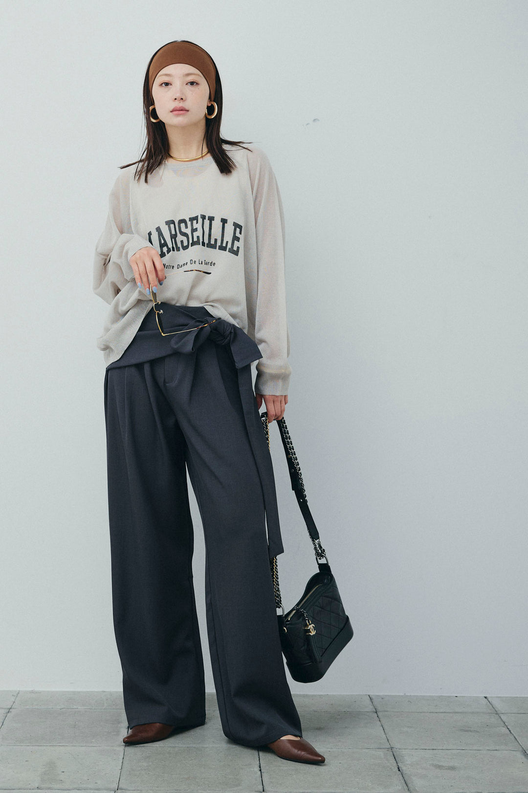 [予約/SET]ロゴプリントシアーニット+フロントクロスデザインワイドパンツ(2set)