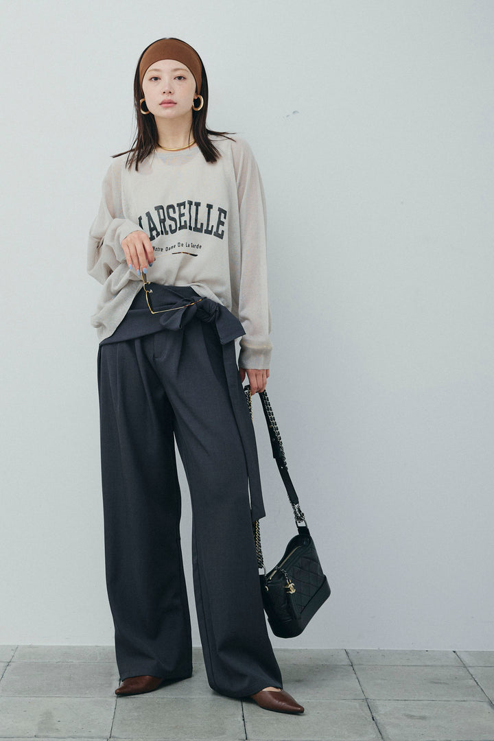 [予約/SET]ロゴプリントシアーニット+フロントクロスデザインワイドパンツ(2set)