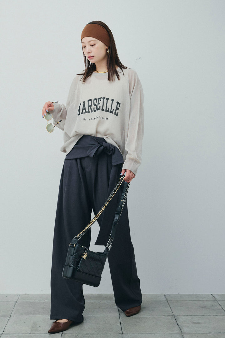 [予約/SET]ロゴプリントシアーニット+フロントクロスデザインワイドパンツ(2set)