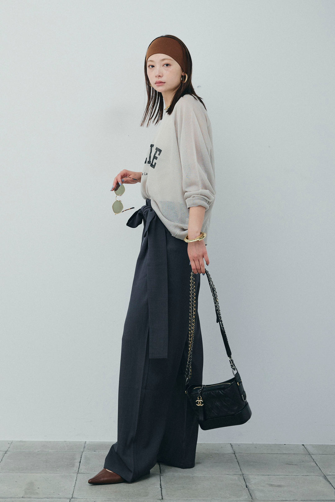 [予約/SET]ロゴプリントシアーニット+フロントクロスデザインワイドパンツ(2set)