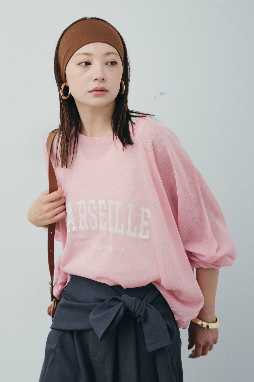 [予約/SET]ロゴプリントシアーニット+フロントクロスデザインワイドパンツ(2set)