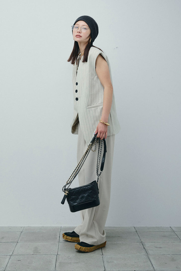 [予約/SET]ストライプBIGジレ+フロントボタンベアトップ+ツイルタックワイドパンツ(3set)