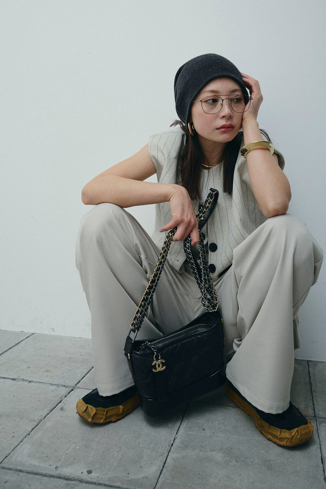 [予約/SET]ストライプBIGジレ+フロントボタンベアトップ+ツイルタックワイドパンツ(3set)