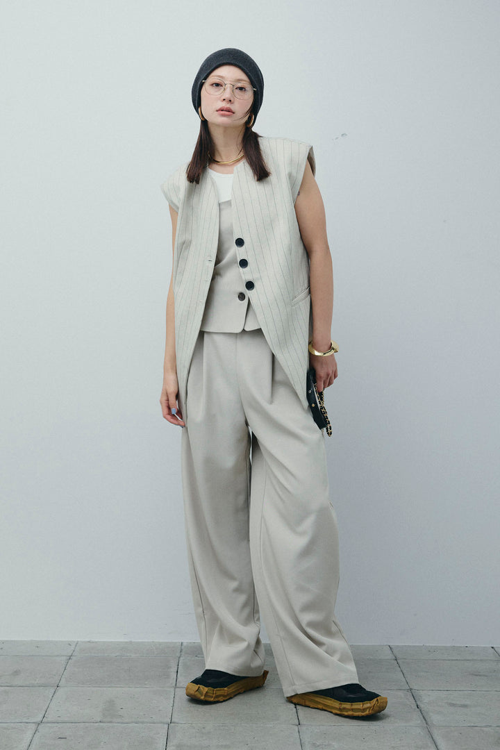 [予約/SET]ストライプBIGジレ+フロントボタンベアトップ+ツイルタックワイドパンツ(3set)