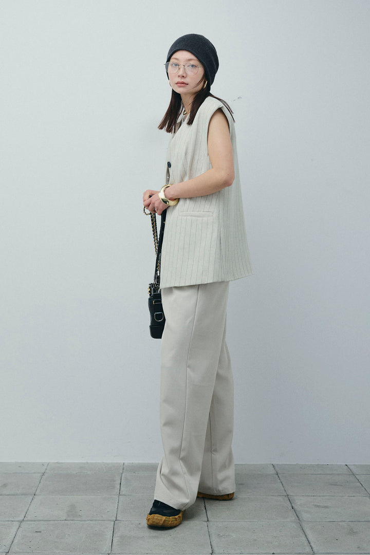 [予約/SET]ストライプBIGジレ+フロントボタンベアトップ+ツイルタックワイドパンツ(3set)