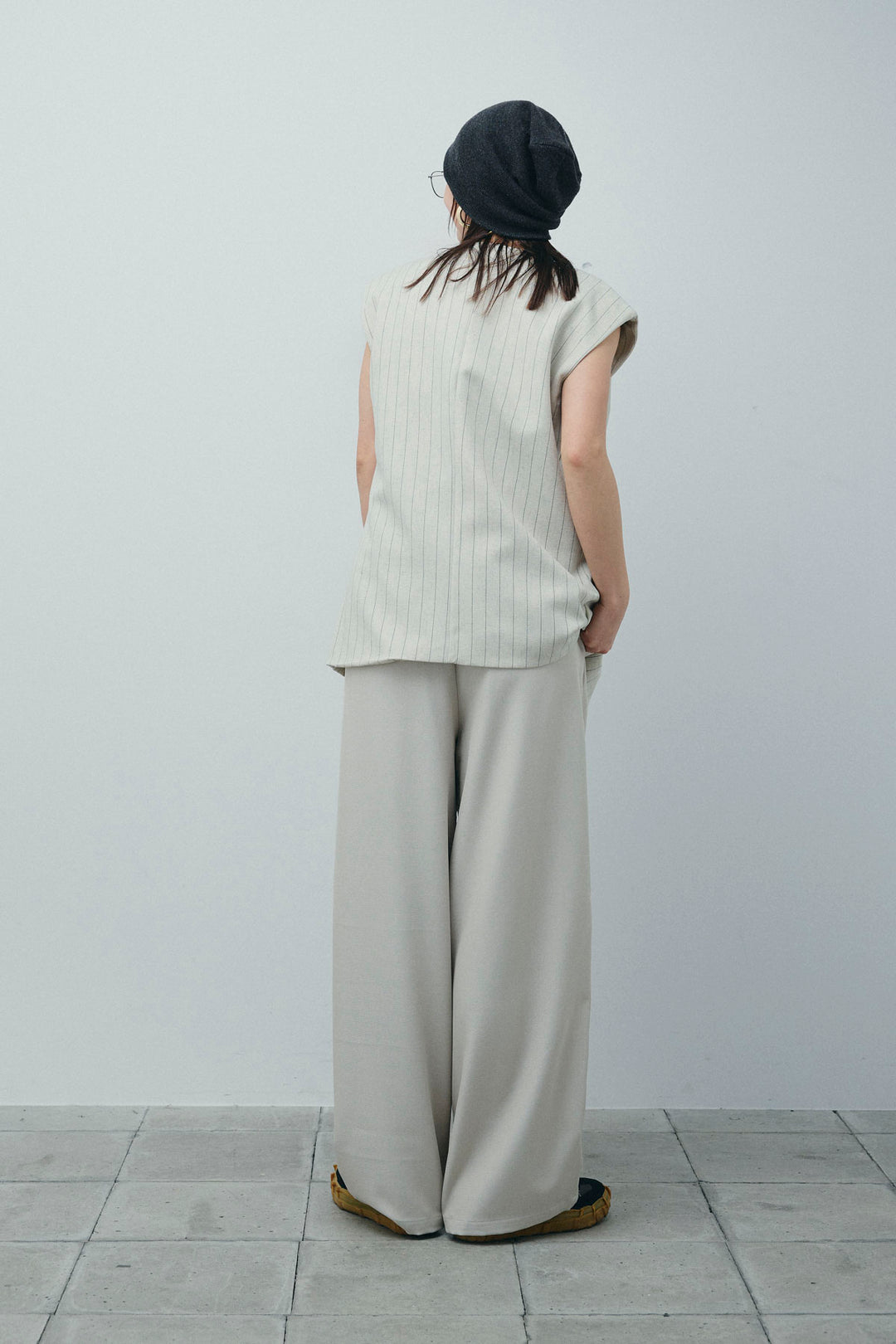 [予約/SET]ストライプBIGジレ+フロントボタンベアトップ+ツイルタックワイドパンツ(3set)