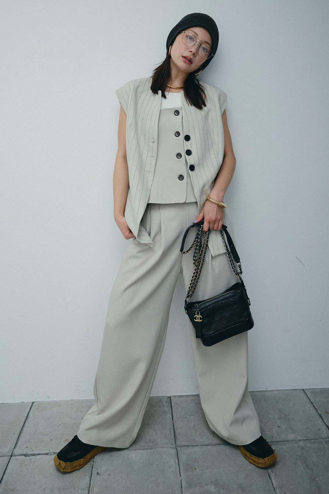 [予約/SET]ストライプBIGジレ+フロントボタンベアトップ+ツイルタックワイドパンツ(3set)