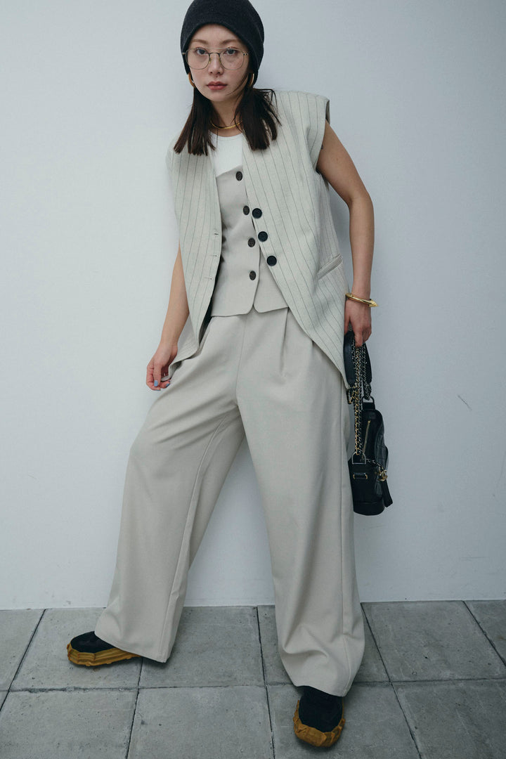 [予約/SET]ストライプBIGジレ+フロントボタンベアトップ+ツイルタックワイドパンツ(3set)