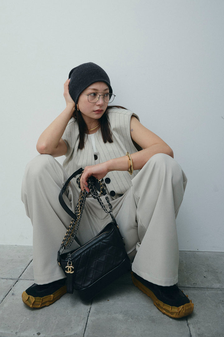 [予約/SET]ストライプBIGジレ+フロントボタンベアトップ+ツイルタックワイドパンツ(3set)