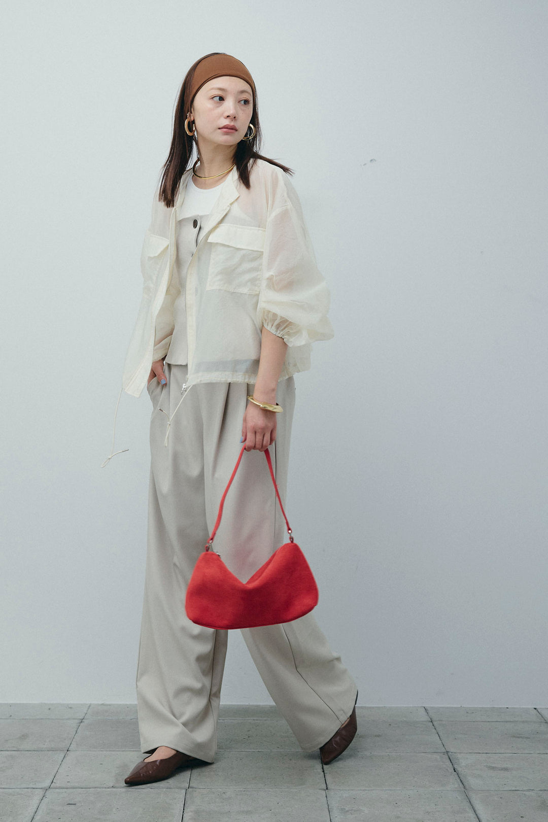 [予約/SET]ドロストシアーブルゾン+フロントボタンベアトップ+ツイルタックワイドパンツ(3set)