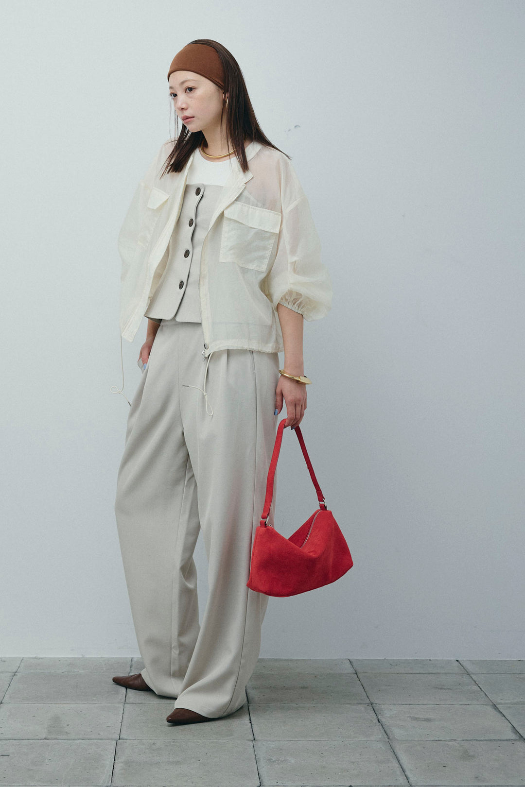 [予約/SET]ドロストシアーブルゾン+フロントボタンベアトップ+ツイルタックワイドパンツ(3set)