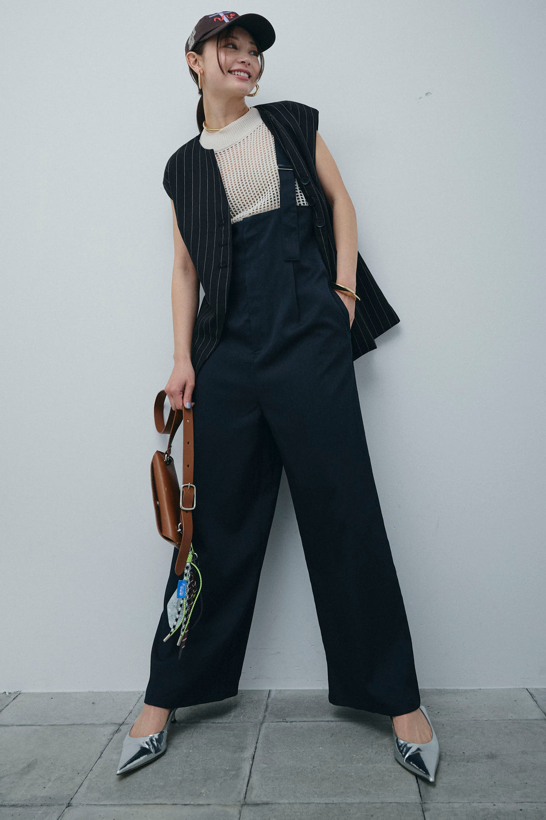 [予約/SET]ストライプBIGジレ+フィッシュネットノースリーブニット+ハイウエストワイドサロペット(3set)