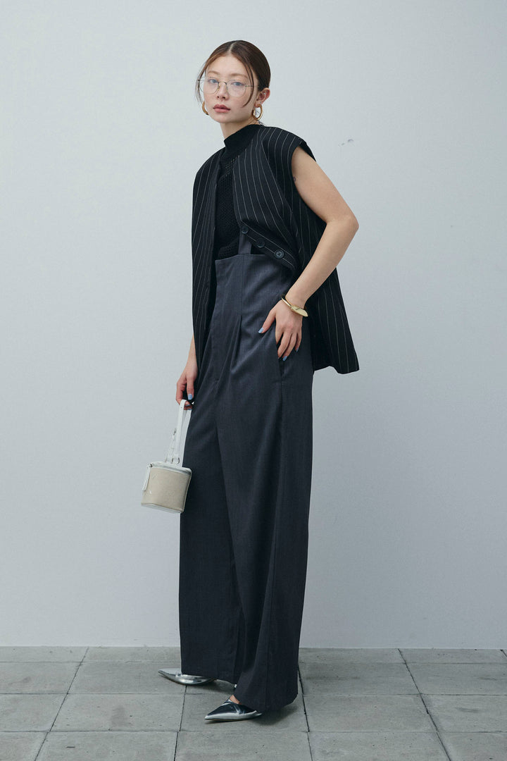 [予約/SET]ストライプBIGジレ+フィッシュネットノースリーブニット+ハイウエストワイドサロペット(3set)