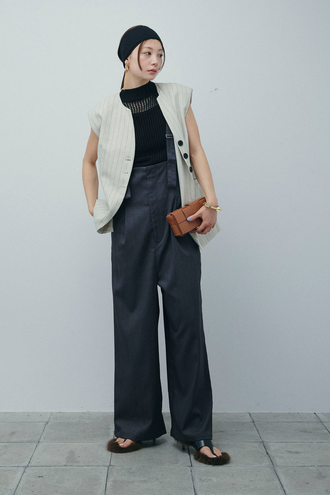 [予約/SET]ストライプBIGジレ+フィッシュネットノースリーブニット+ハイウエストワイドサロペット(3set)