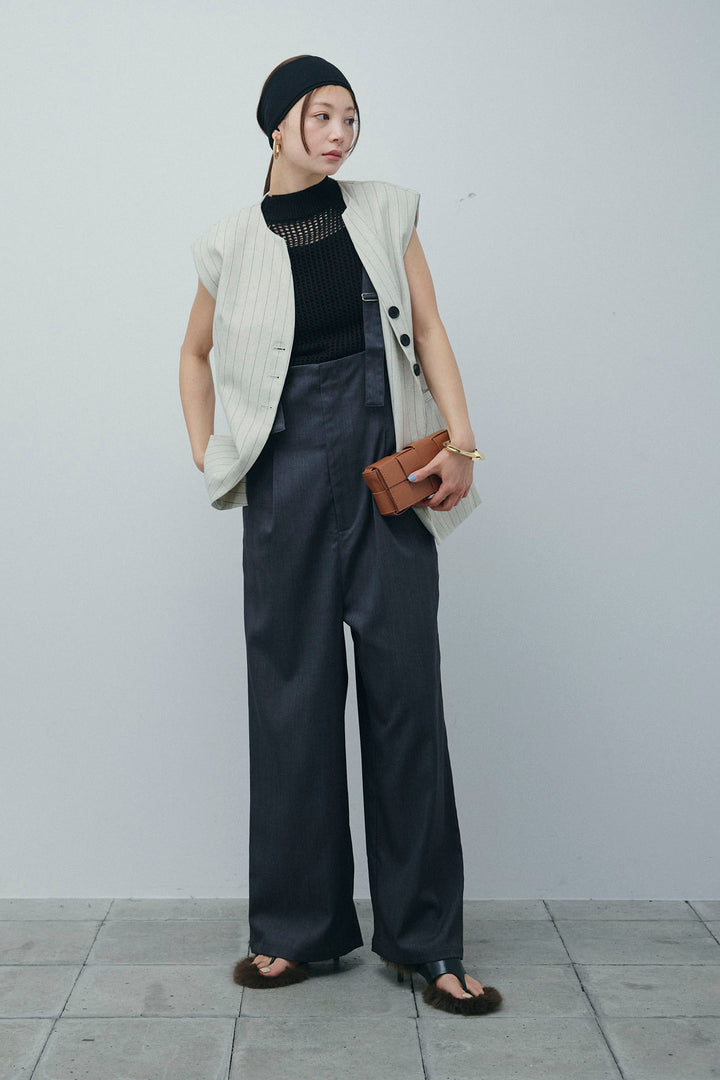 [予約/SET]ストライプBIGジレ+フィッシュネットノースリーブニット+ハイウエストワイドサロペット(3set)