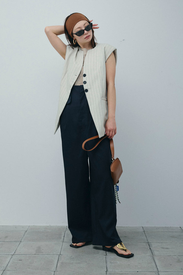 [予約/SET]ストライプBIGジレ+フィッシュネットノースリーブニット+ハイウエストワイドサロペット(3set)